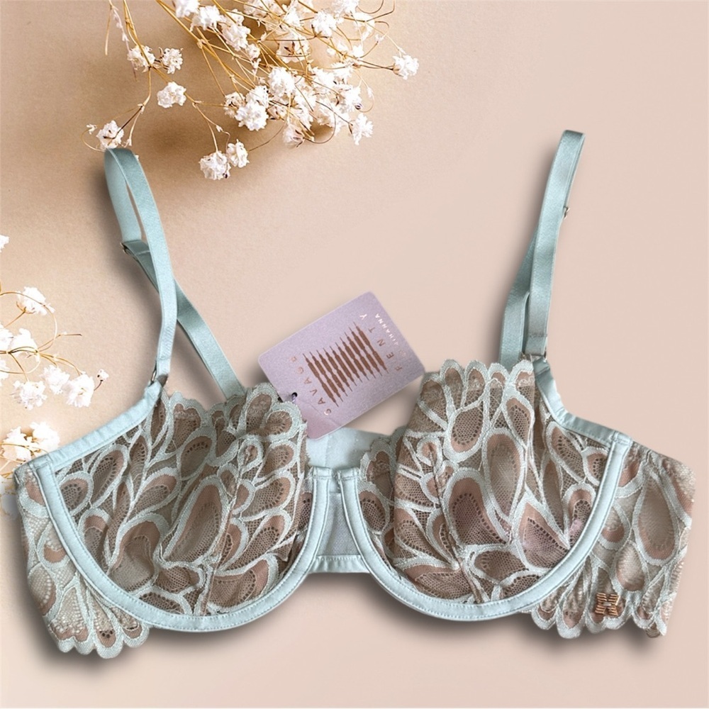NWT Savage X Fenty Scalloped Sheer Lace Underwire Bra in Blue and Beige sz 36C